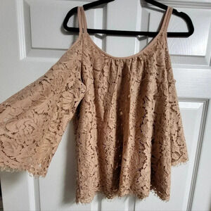 White House Black Market - S -  Cold Shoulder Lace Top - Blush/ Nude Color,